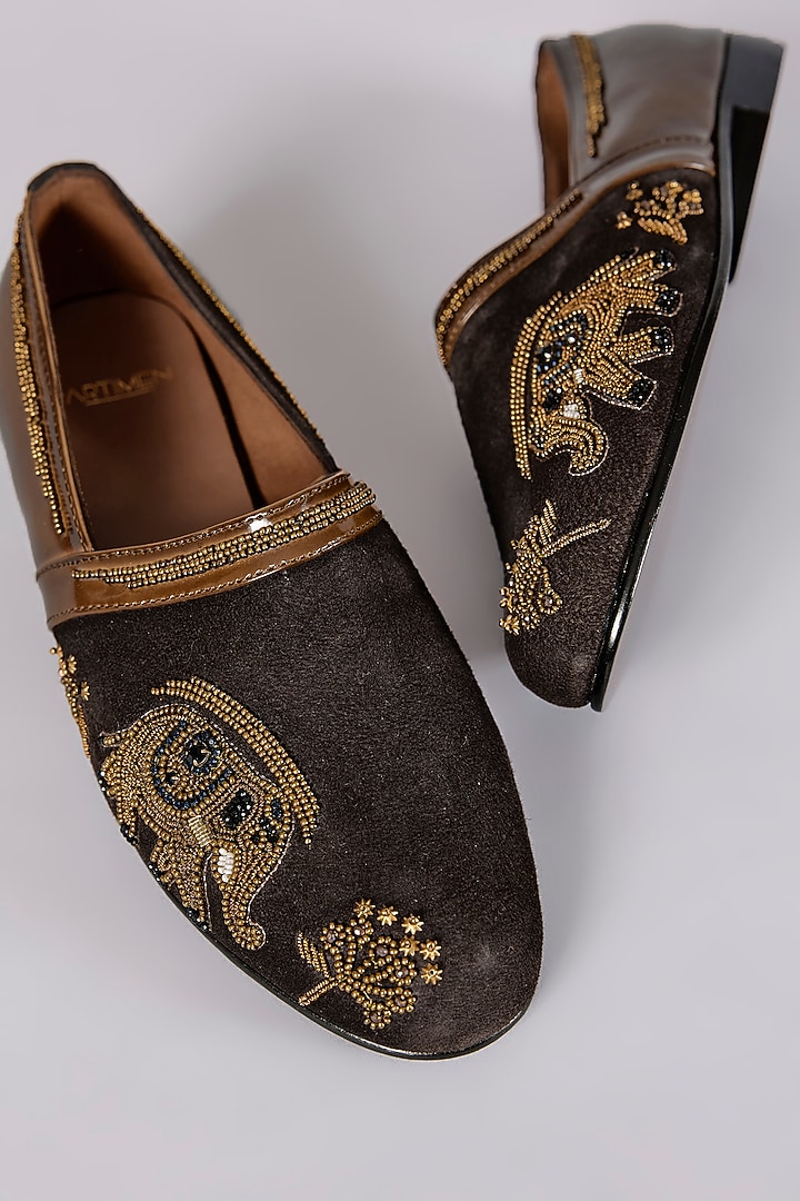 Brown Leather Dabka Hand Embroidered Juttis by ARTIMEN at Pernia's Pop Up Shop