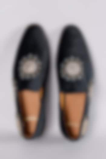 Black Leather Dabka Embroidered Loafers by ARTIMEN at Pernia's Pop Up Shop