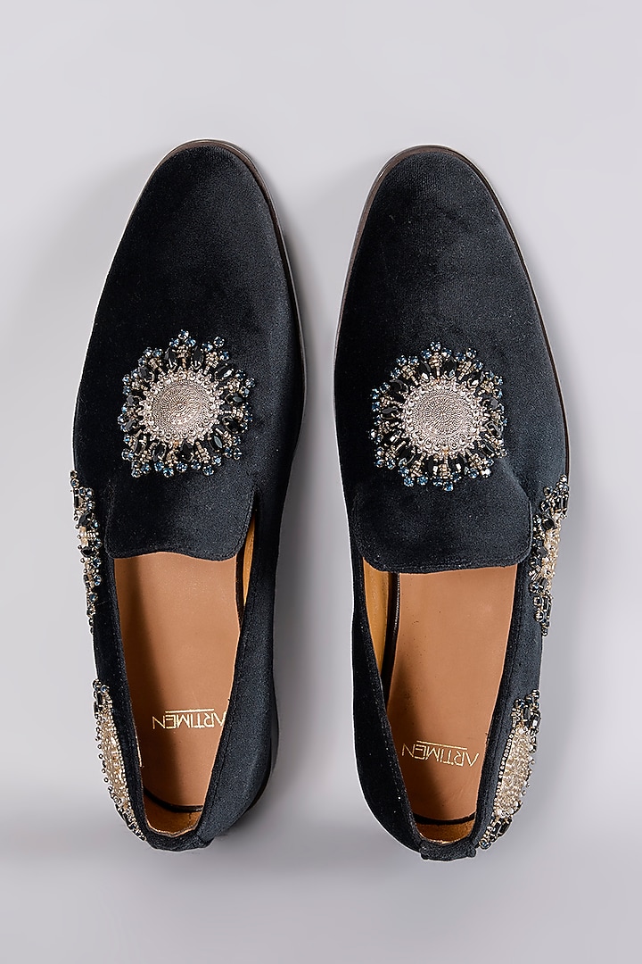 Black Leather Dabka Embroidered Loafers by ARTIMEN at Pernia's Pop Up Shop