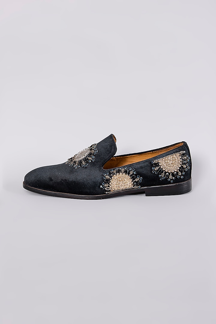 Black Leather Dabka Embroidered Loafers by ARTIMEN at Pernia's Pop Up Shop