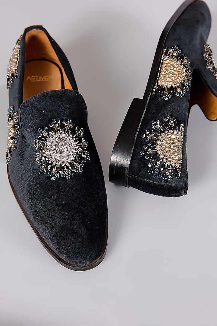 Black Leather Dabka Embroidered Loafers by ARTIMEN at Pernia's Pop Up Shop