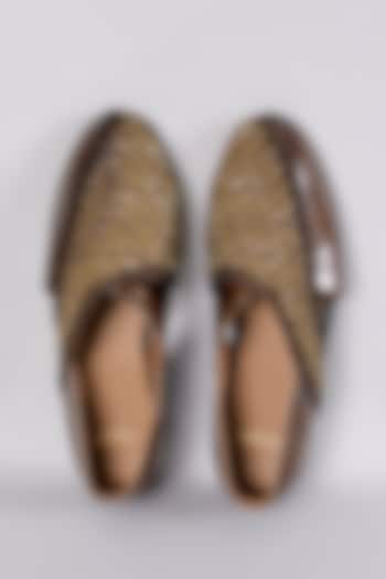Brown Leather Dabka Hand Embroidered Juttis by ARTIMEN at Pernia's Pop Up Shop