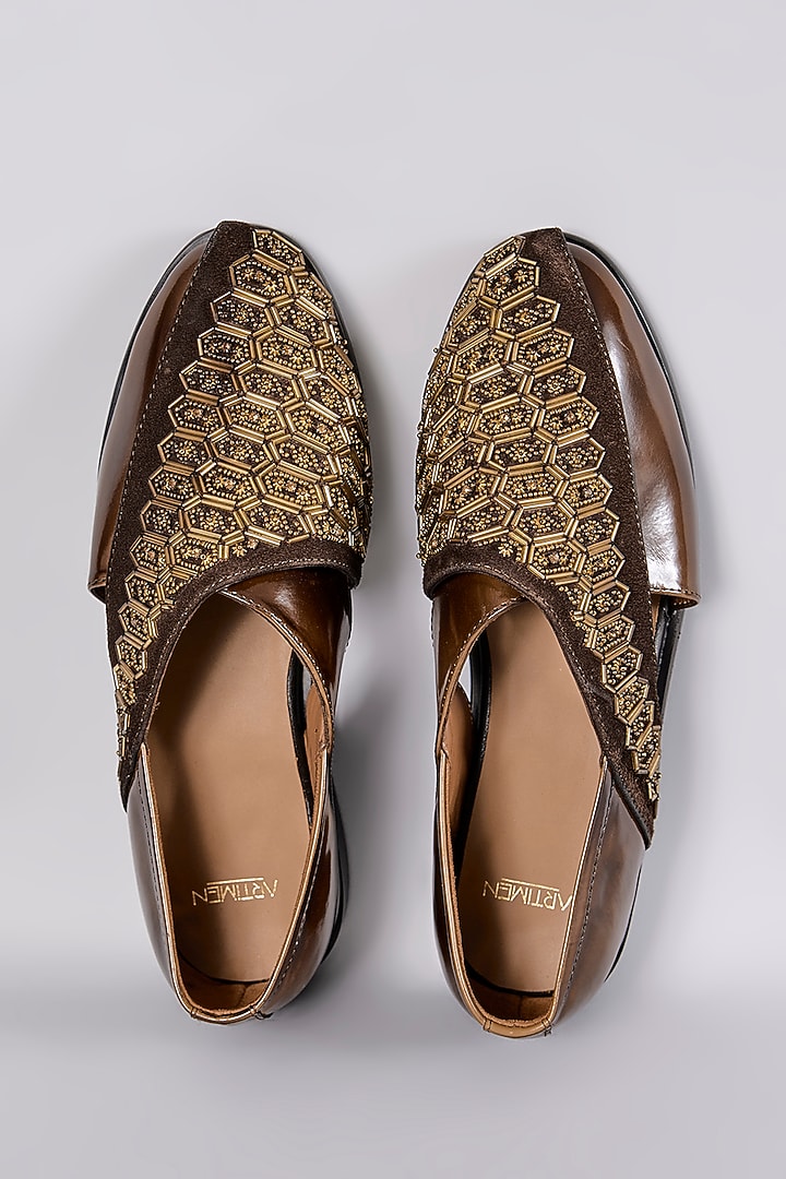 Brown Leather Dabka Hand Embroidered Juttis by ARTIMEN at Pernia's Pop Up Shop