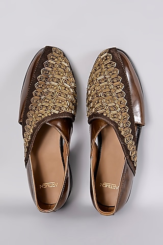 Brown Leather Dabka Hand Embroidered Juttis by ARTIMEN