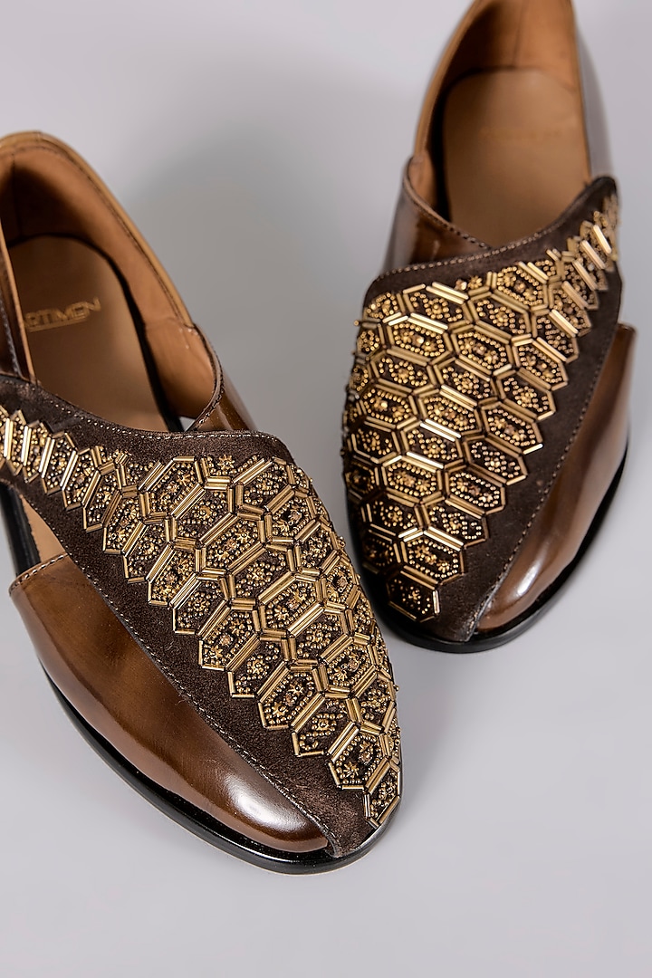 Brown Leather Dabka Hand Embroidered Juttis by ARTIMEN at Pernia's Pop Up Shop