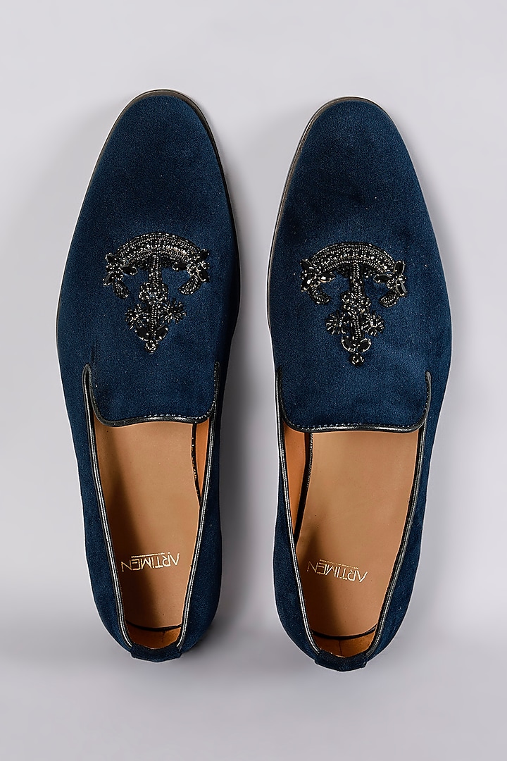Blue Velvet Dabka Hand Embroidered Loafers by ARTIMEN at Pernia's Pop Up Shop
