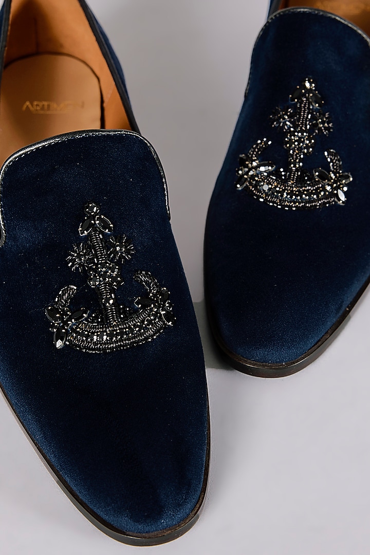 Blue Velvet Dabka Hand Embroidered Loafers by ARTIMEN at Pernia's Pop Up Shop