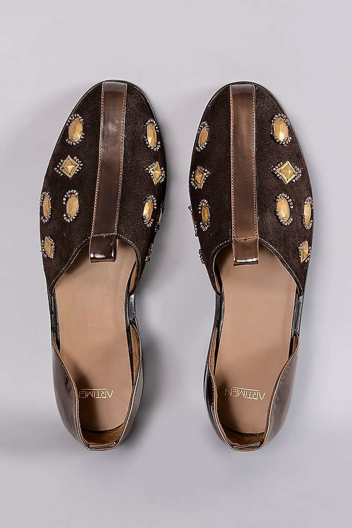 Brown Leather Dabka Hand Embroidered Juttis by ARTIMEN at Pernia's Pop Up Shop