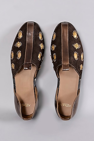 Brown Leather Dabka Hand Embroidered Juttis by ARTIMEN