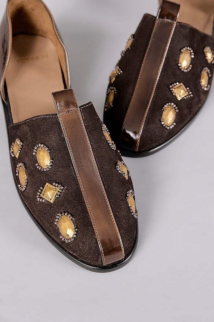 Brown Leather Dabka Hand Embroidered Juttis by ARTIMEN at Pernia's Pop Up Shop