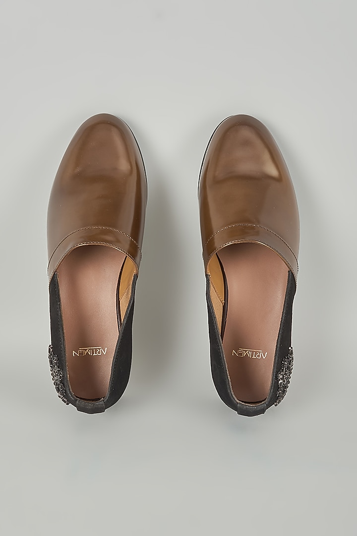 Brown & Black Leather Mojaris by ARTIMEN at Pernia's Pop Up Shop