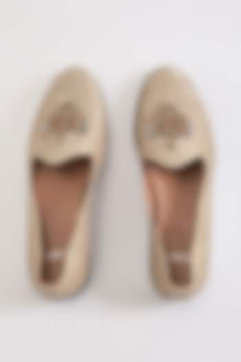 Beige Leather Embroidered Mojaris by ARTIMEN at Pernia's Pop Up Shop
