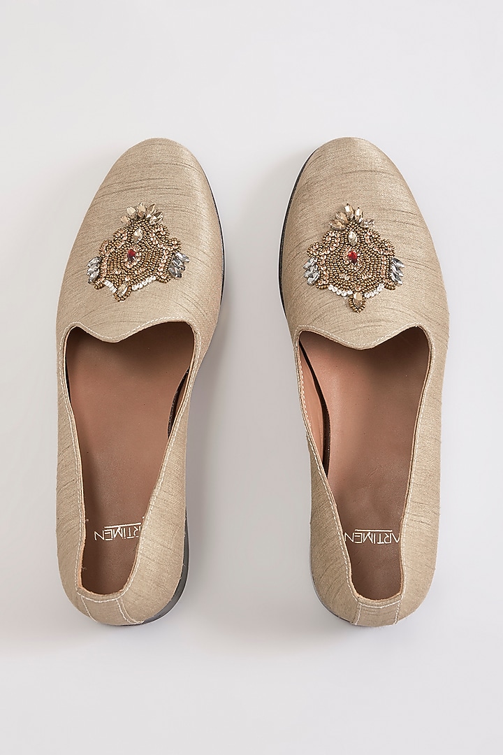 Beige Leather Embroidered Mojaris by ARTIMEN at Pernia's Pop Up Shop