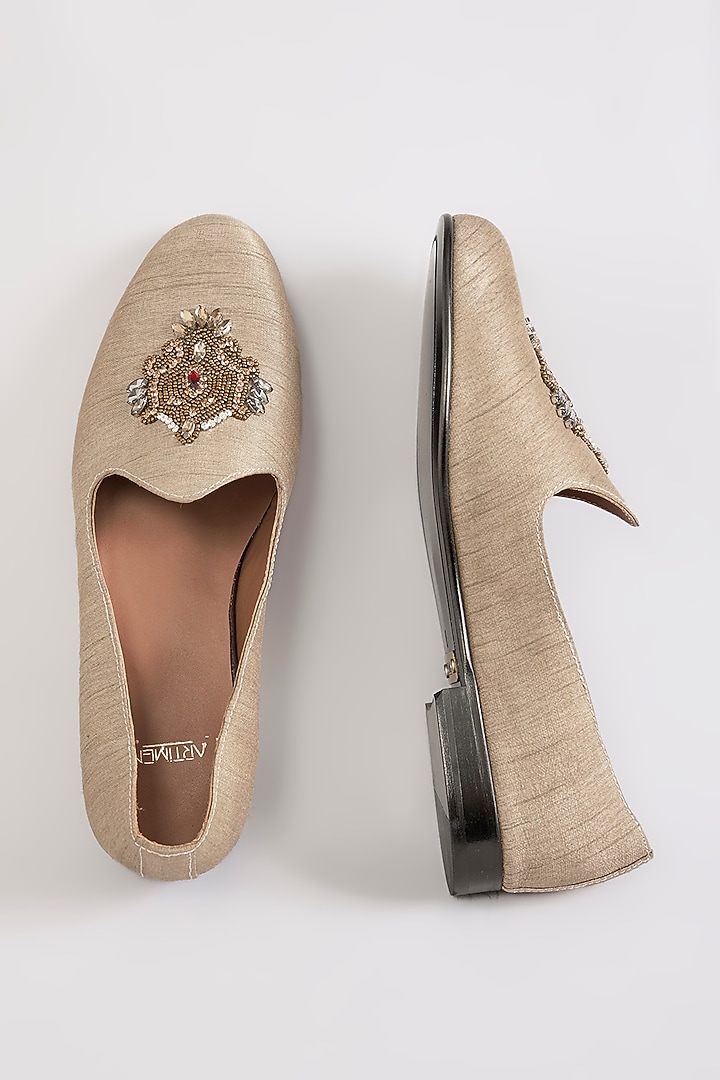 Beige Leather Embroidered Mojaris by ARTIMEN at Pernia's Pop Up Shop