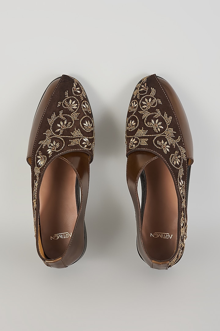 Brown Leather Mojaris by ARTIMEN at Pernia's Pop Up Shop