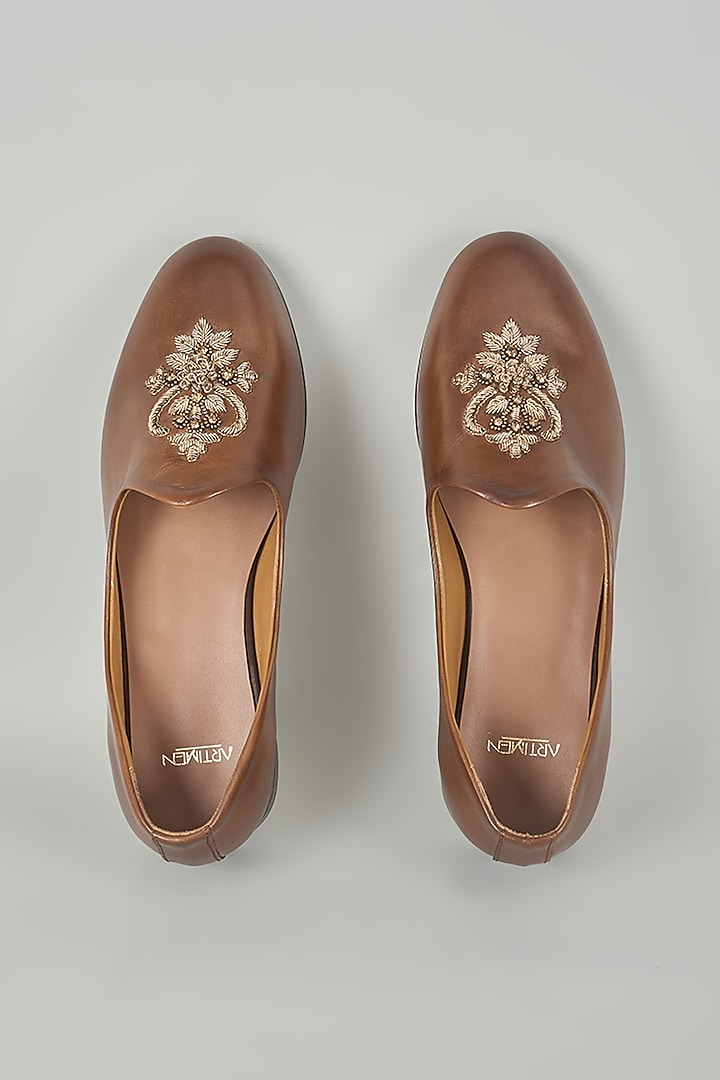 Tan Leather Mojaris by ARTIMEN at Pernia's Pop Up Shop