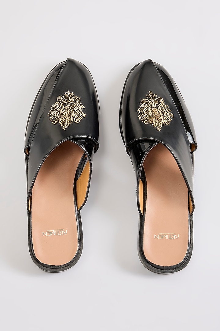 Black Leather Peshwaris by ARTIMEN at Pernia's Pop Up Shop