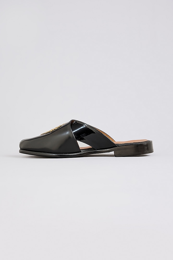 Black Leather Peshwaris by ARTIMEN at Pernia's Pop Up Shop