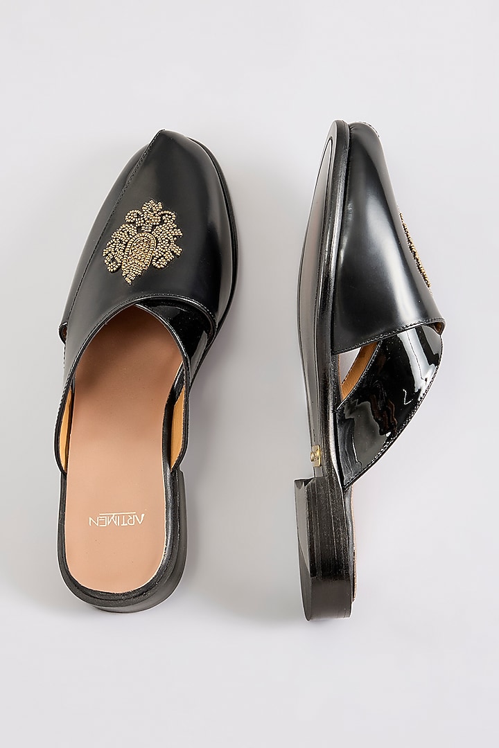 Black Leather Peshwaris by ARTIMEN at Pernia's Pop Up Shop