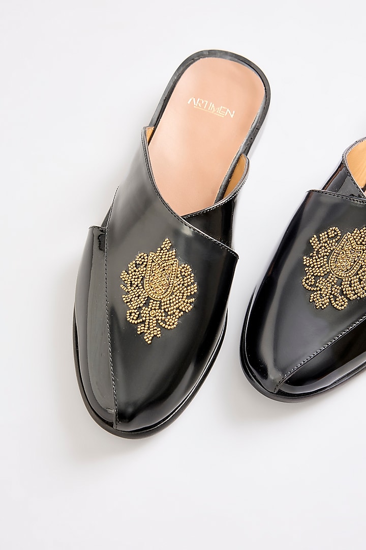 Black Leather Peshwaris by ARTIMEN at Pernia's Pop Up Shop