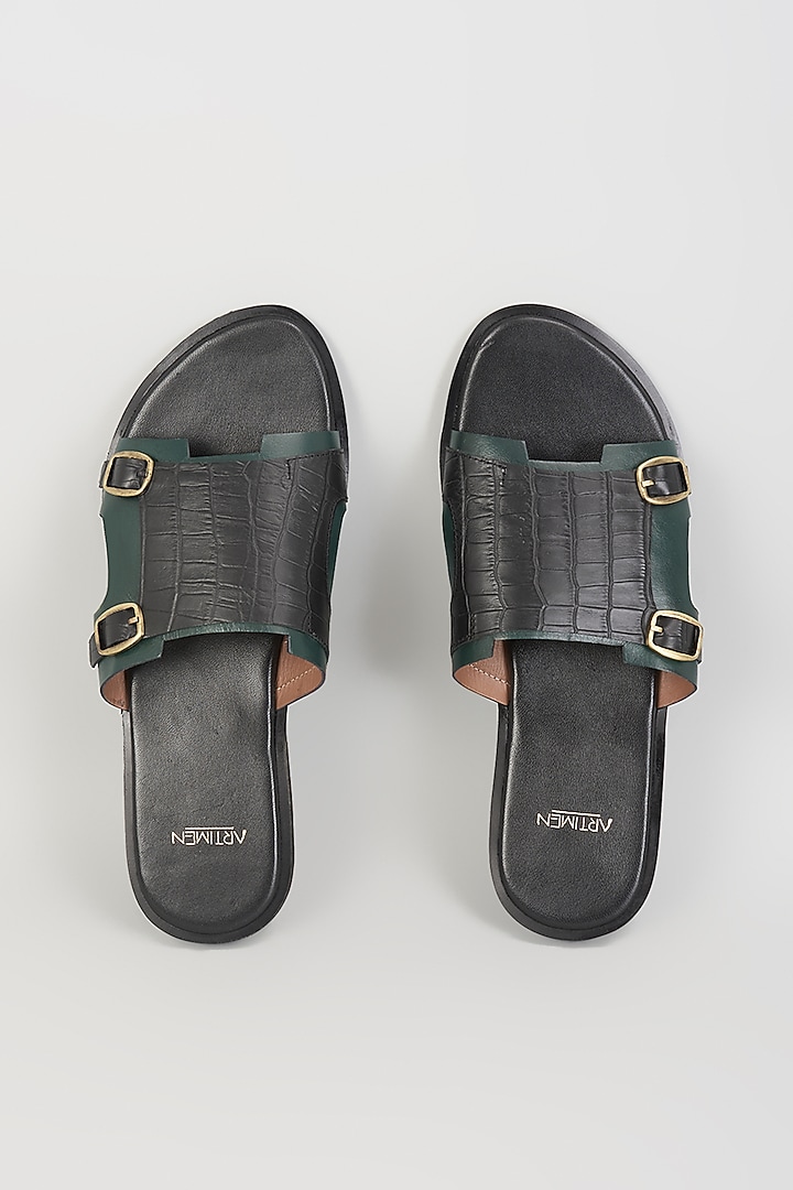 Black & Green Leather Sandals by ARTIMEN at Pernia's Pop Up Shop