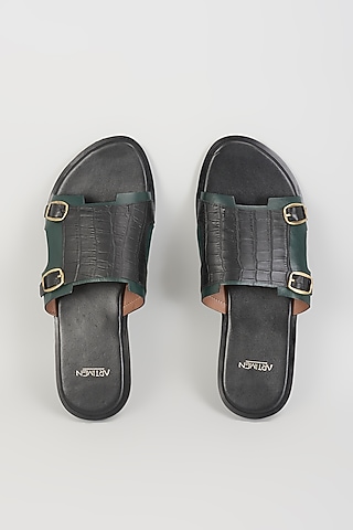 Black & Green Leather Sandals by ARTIMEN