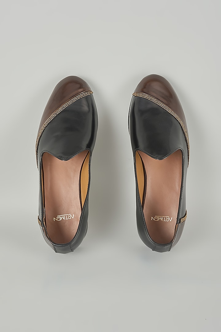 Brown & Black Leather Mojaris by ARTIMEN at Pernia's Pop Up Shop