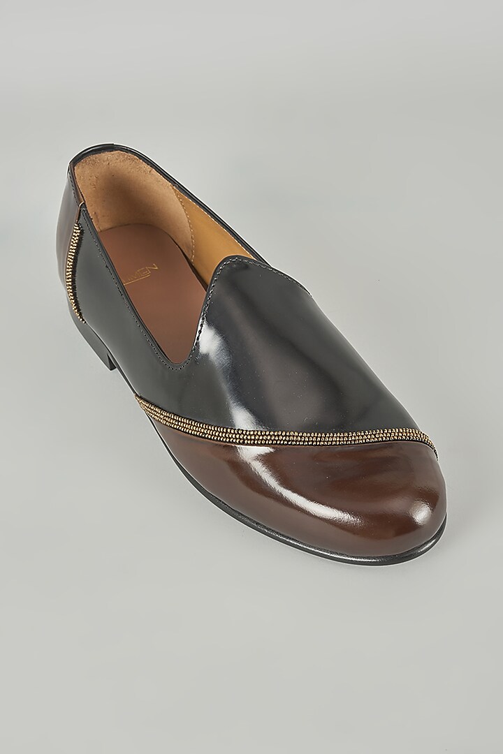 Brown & Black Leather Mojaris by ARTIMEN at Pernia's Pop Up Shop