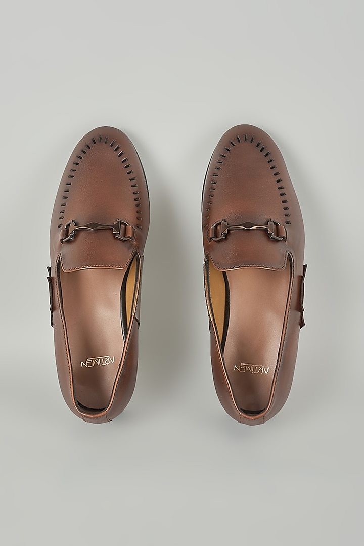 Brown Leather Mojaris by ARTIMEN at Pernia's Pop Up Shop