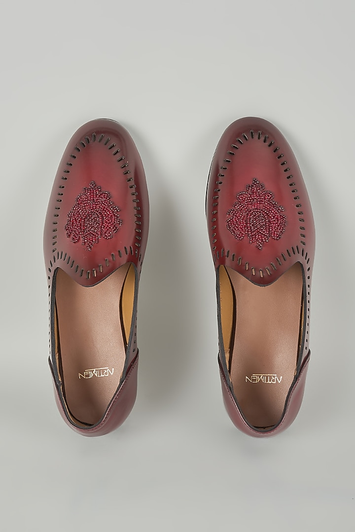 Cherry Red Leather Mojaris by ARTIMEN at Pernia's Pop Up Shop