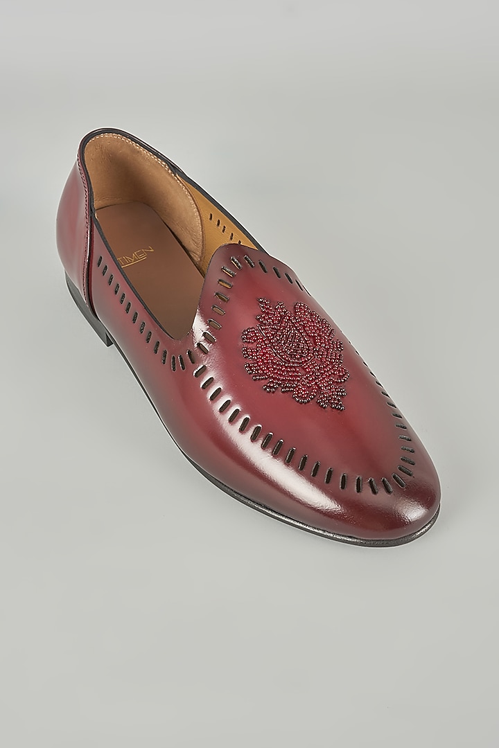 Cherry Red Leather Mojaris by ARTIMEN at Pernia's Pop Up Shop