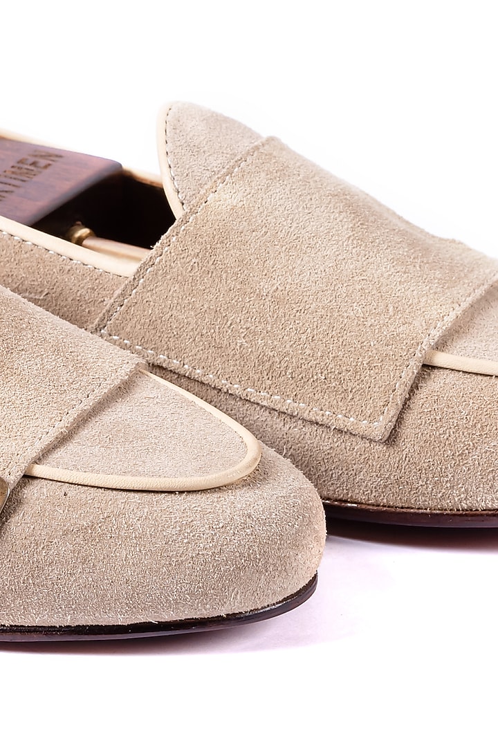 Beige Leather Suede Handcrafted Loafers by ARTIMEN at Pernia's Pop Up Shop