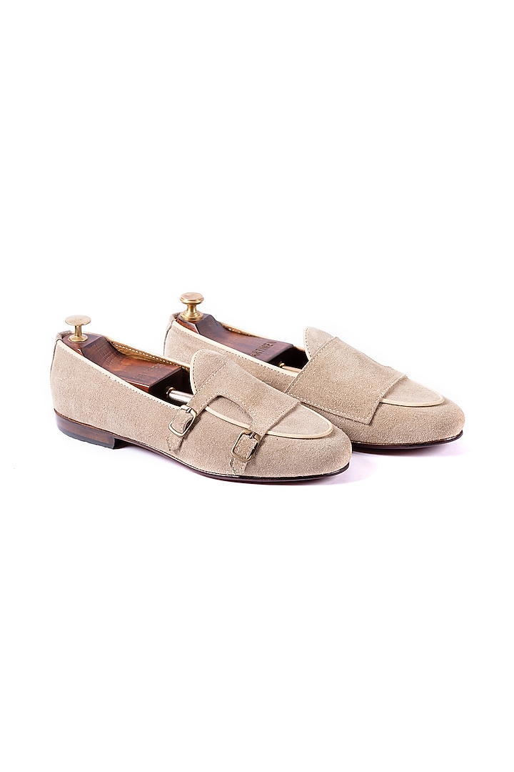 Beige Leather Suede Handcrafted Loafers by ARTIMEN at Pernia's Pop Up Shop