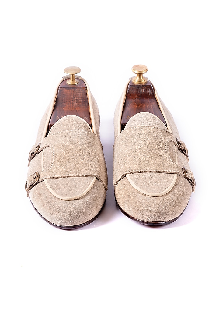 Beige Handcrafted Leather Suede Loafers by ARTIMEN