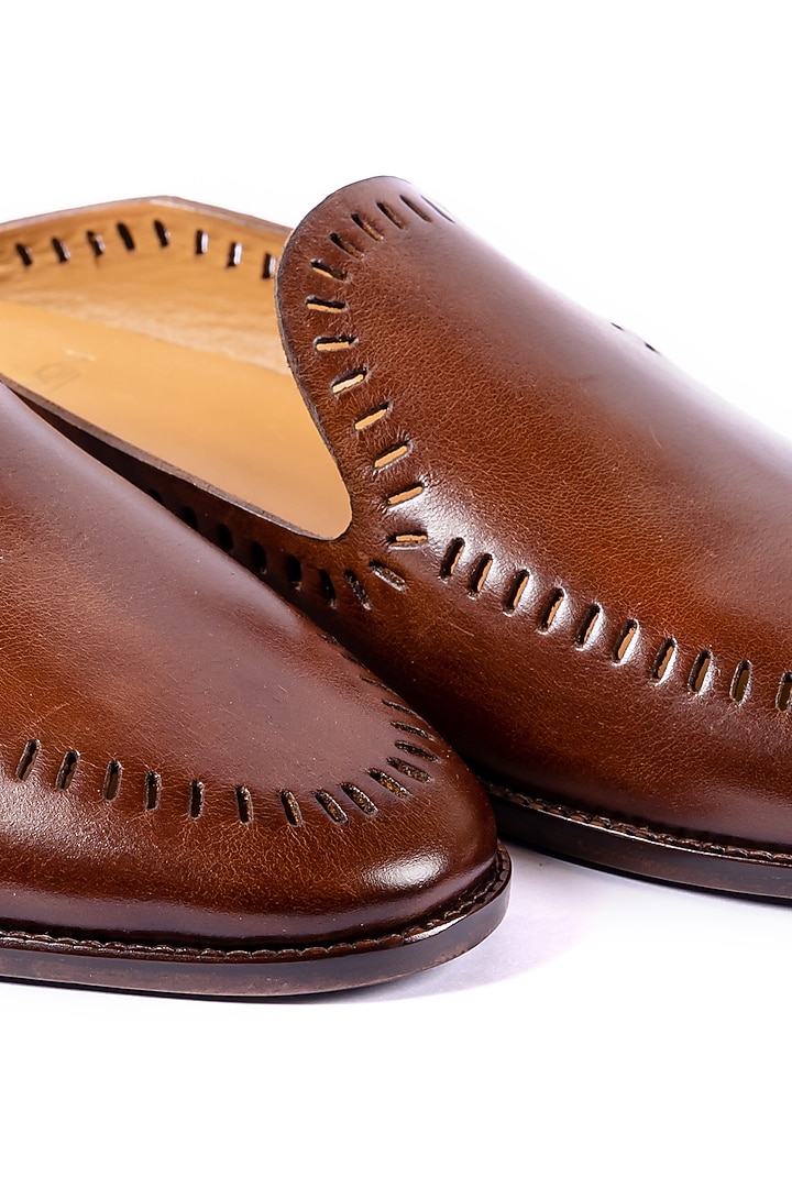Burnt Tan Leather Cutwork Handcrafted Mules by ARTIMEN at Pernia's Pop Up Shop