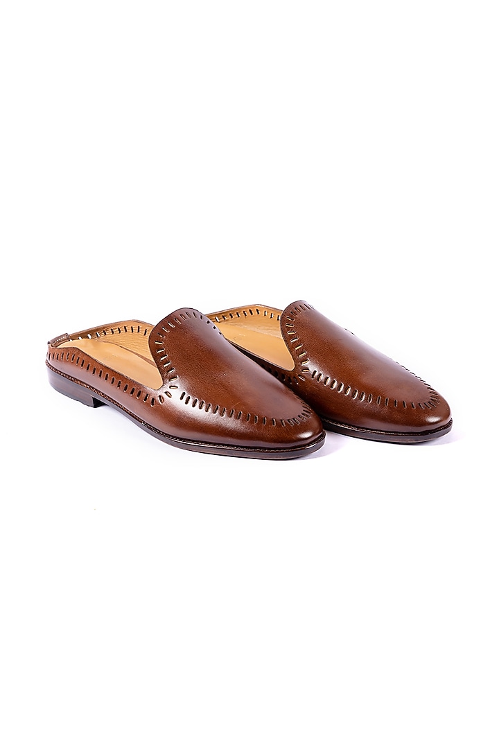 Burnt Tan Leather Cutwork Handcrafted Mules by ARTIMEN at Pernia's Pop Up Shop
