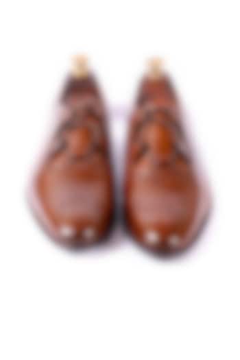 Burnt Tan Handcrafted Loafers With Cross Lace Detailing by ARTIMEN at Pernia's Pop Up Shop