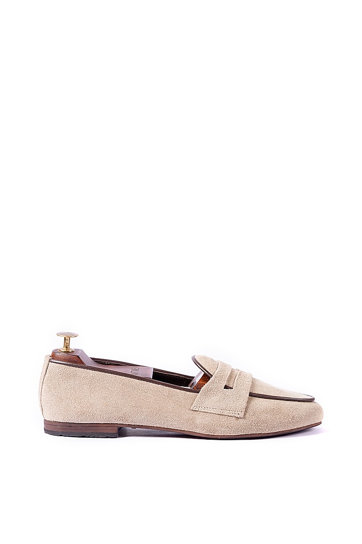Beige Leather Suede Handcrafted Loafers by ARTIMEN at Pernia's Pop Up Shop
