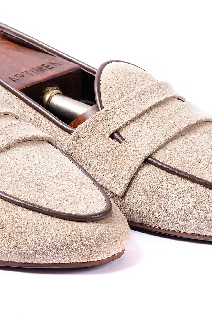Beige Leather Suede Handcrafted Loafers by ARTIMEN at Pernia's Pop Up Shop