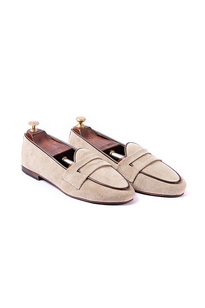 Beige Leather Suede Handcrafted Loafers by ARTIMEN at Pernia's Pop Up Shop