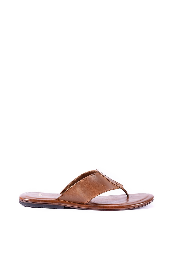 Tan Brown Leather V-Strap Slippers by ARTIMEN at Pernia's Pop Up Shop