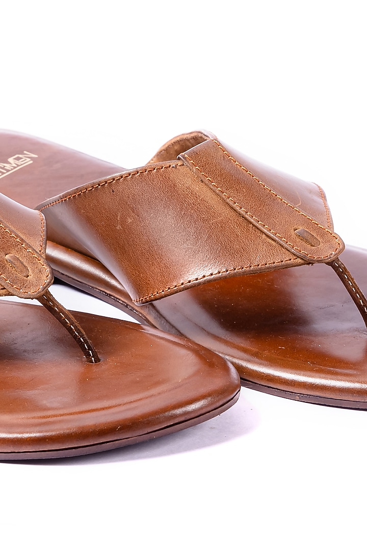 Tan Brown Leather V-Strap Slippers by ARTIMEN at Pernia's Pop Up Shop