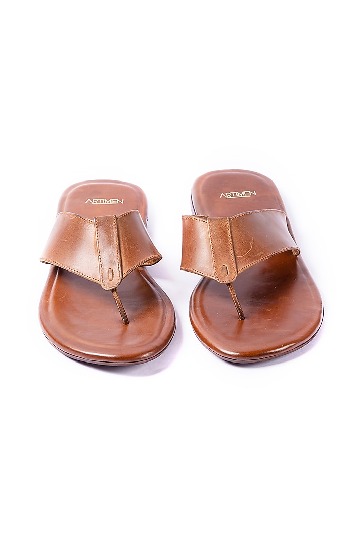 Tan Brown Leather V-Strap Slippers by ARTIMEN at Pernia's Pop Up Shop