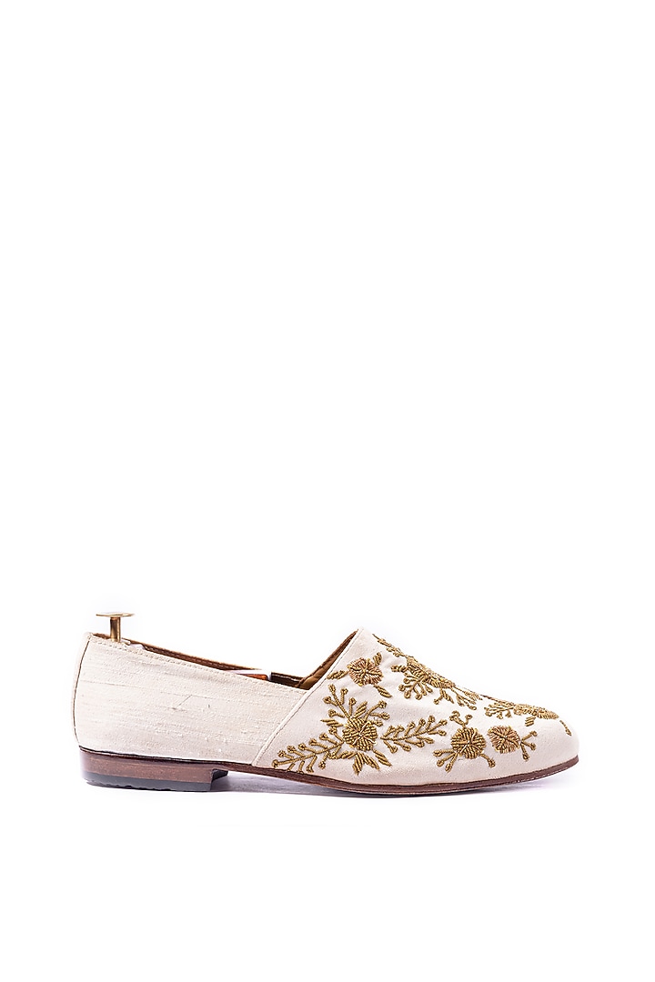 Off-White Velvet & Raw Silk Hand Embroidered Loafers by ARTIMEN at Pernia's Pop Up Shop