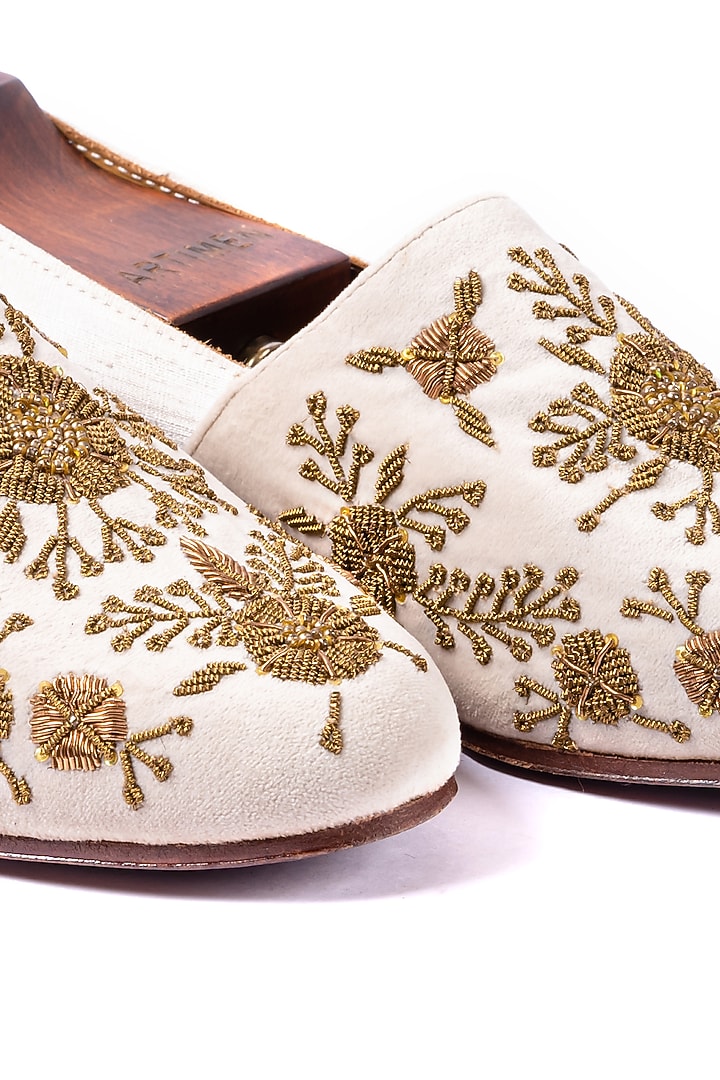 Off-White Velvet & Raw Silk Hand Embroidered Loafers by ARTIMEN at Pernia's Pop Up Shop
