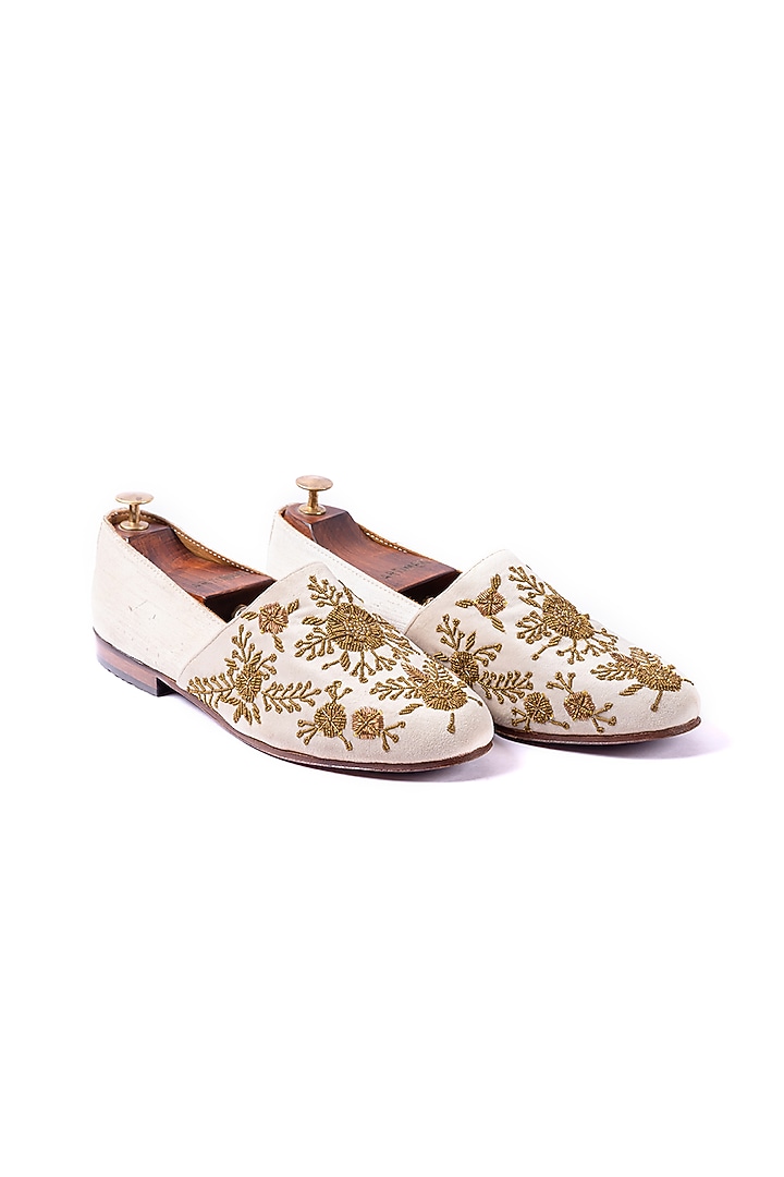 Off-White Velvet & Raw Silk Hand Embroidered Loafers by ARTIMEN at Pernia's Pop Up Shop