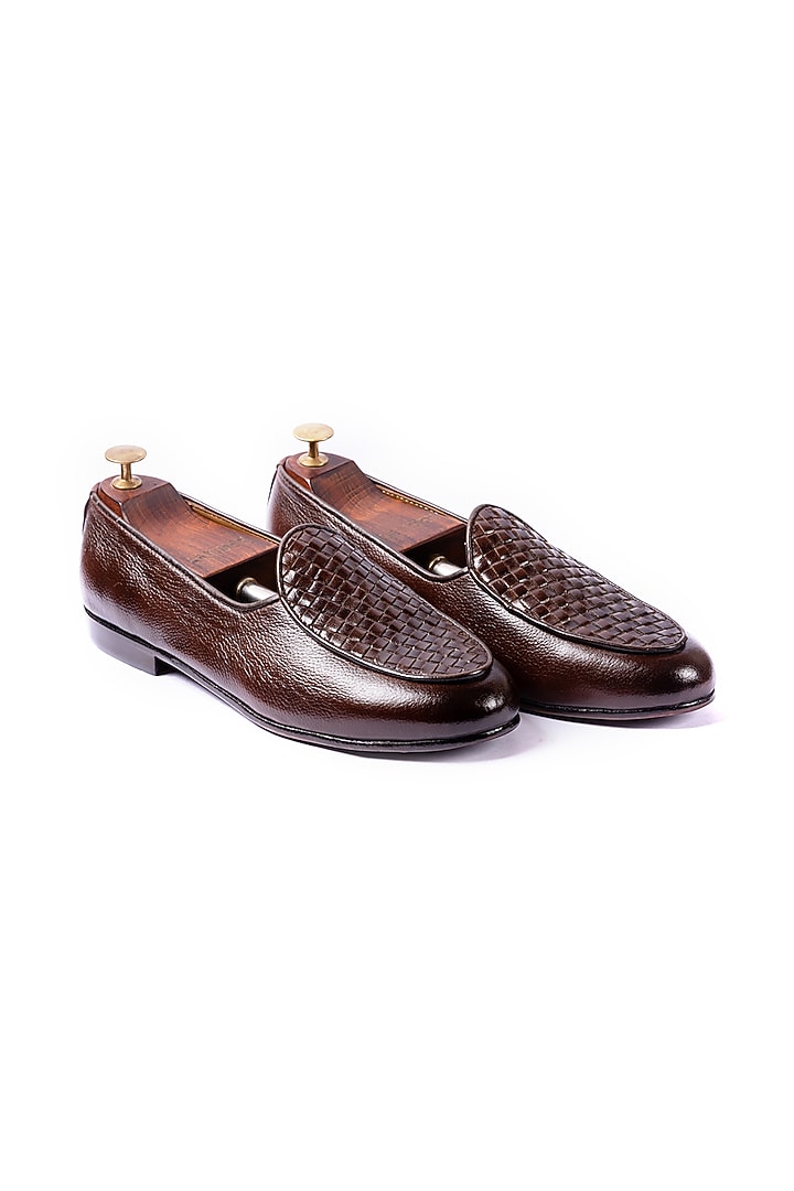 Brown Handwoven Leather Loafers by ARTIMEN at Pernia's Pop Up Shop