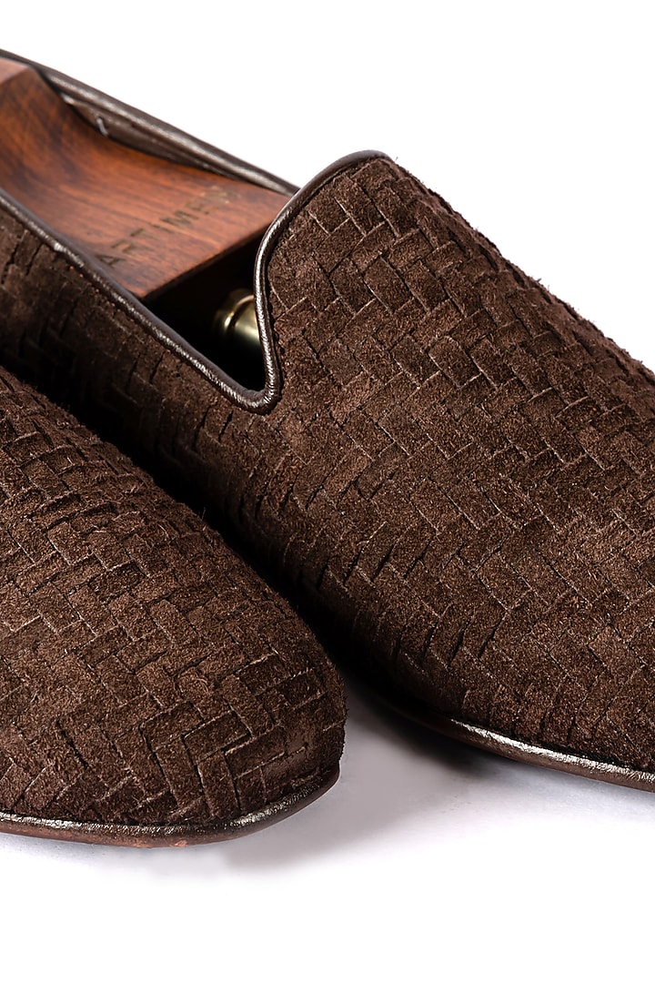 Brown Handwoven Leather Suede Loafers by ARTIMEN at Pernia's Pop Up Shop