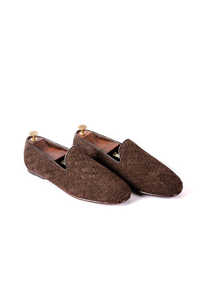 Brown Handwoven Leather Suede Loafers by ARTIMEN at Pernia's Pop Up Shop