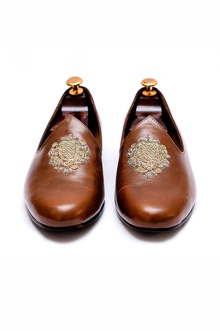 Tan Leather Hand Embroidered Juttis by ARTIMEN